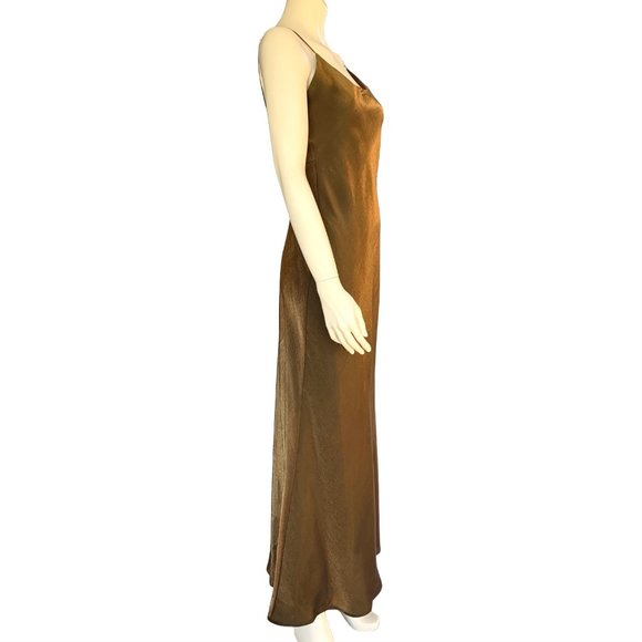 Vintage metallic antique gold/bronze silk-like slip maxi dress - Size 4 - Picture 8 of 14